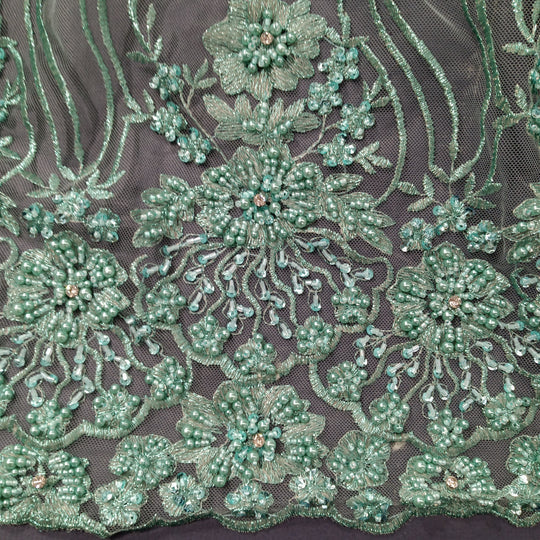 1 Yard Silver Beaded Lace Fabric Embroidered on Polyester Net Mesh Pearl Detail 51 Inch Width