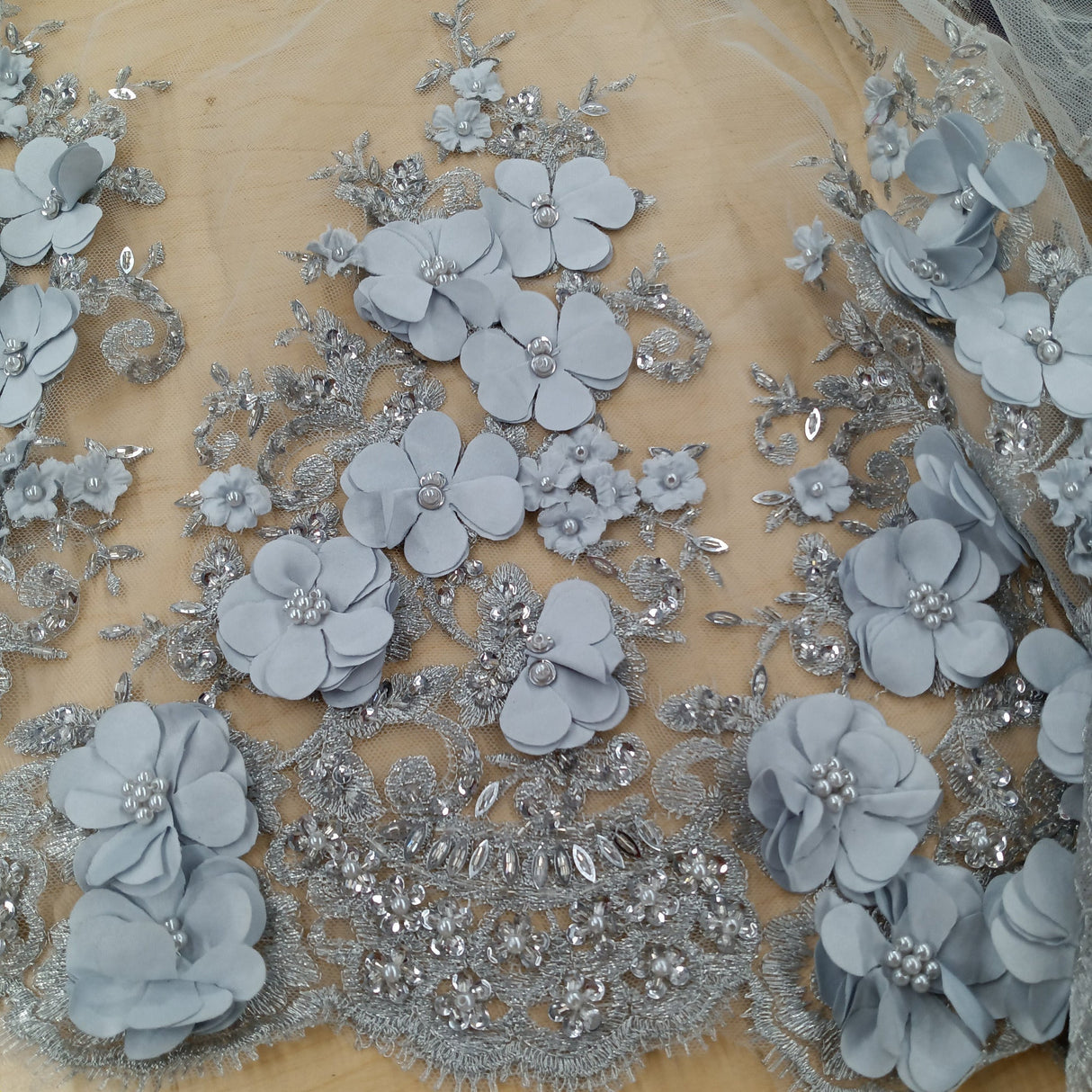 Beaded 3D Floral Lace Fabric