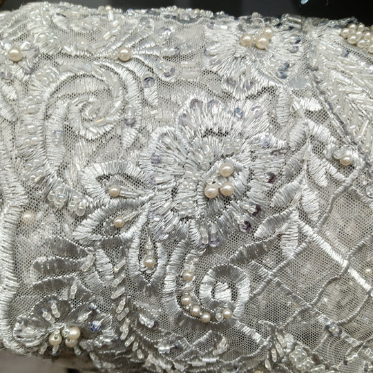 1 Yard Elegant Beaded Lace Fabric Embroidered on 100% Polyester Net Mesh