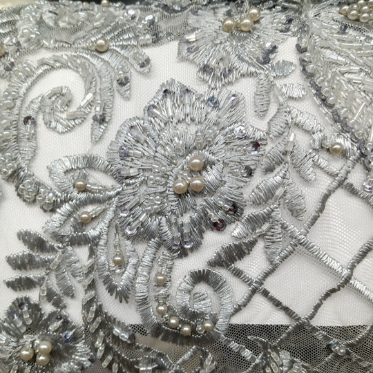 1 Yard Elegant Beaded Lace Fabric Embroidered on 100% Polyester Net Mesh