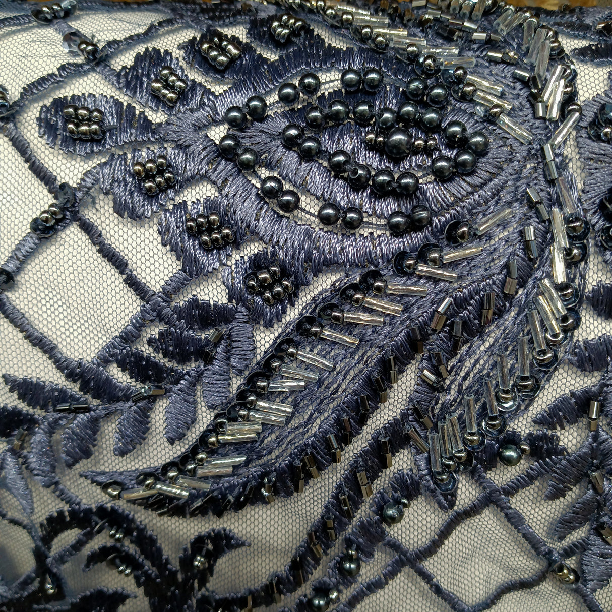 Beaded Lace Fabric - Embroidered 100 Percent Polyester Net Mesh, Floral Baroque Scalloped Edge, 52" Width (1 Yard)