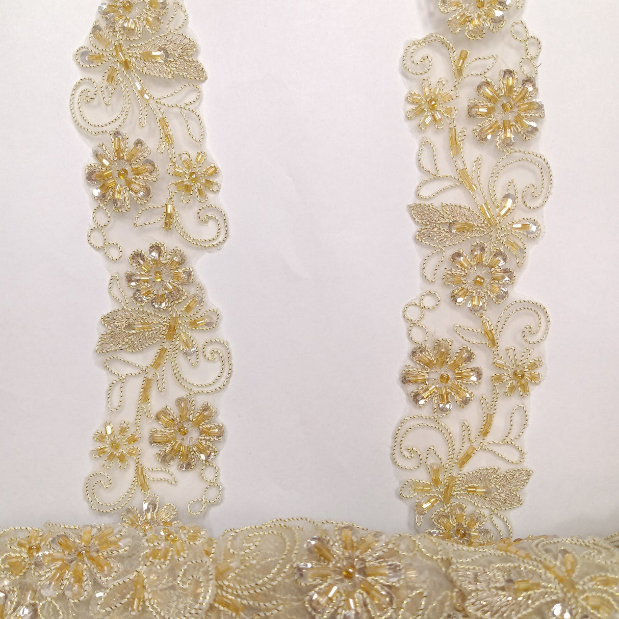 1 Yard Elegant Beaded & Corded Lace Trimming Embroidered on 100% Polyester Organza for Special Occasion Dresses 2 Inch Width