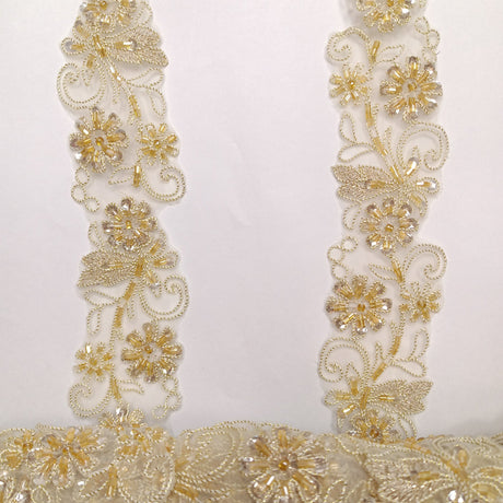 1 Yard Elegant Beaded & Corded Lace Trimming Embroidered on 100% Polyester Organza for Special Occasion Dresses 2 Inch Width