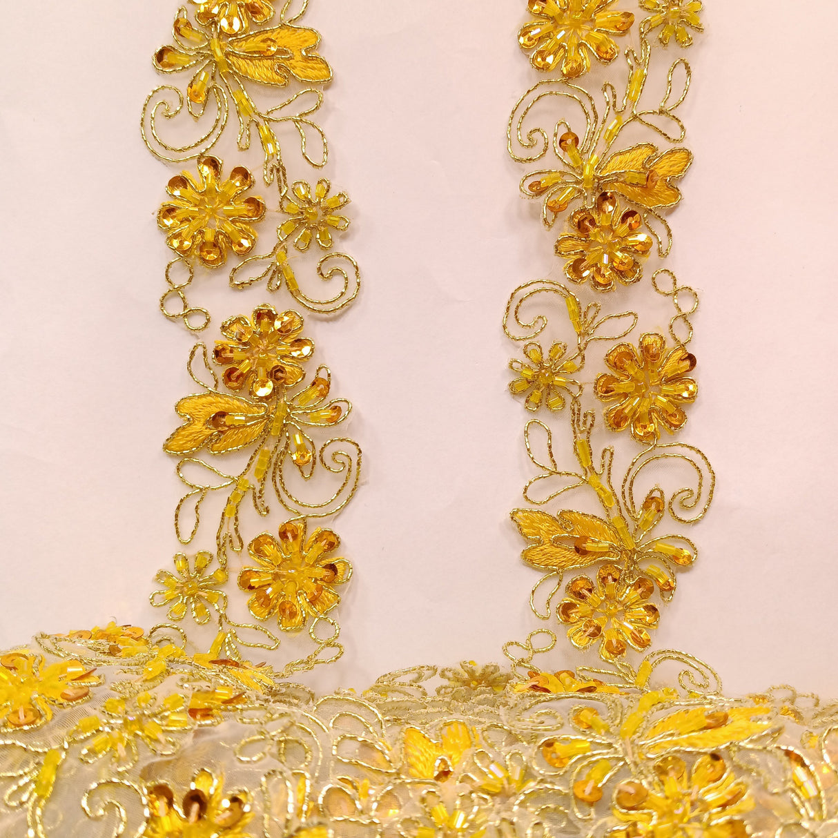 Beaded Corded Lace Trim on Polyester Organza