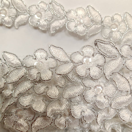 1 Yard Beaded & Corded Lace Trimming on Organza | 3/4" Wide | Decorative Couture Trim for Bridal, Quinceañera & Formalwear