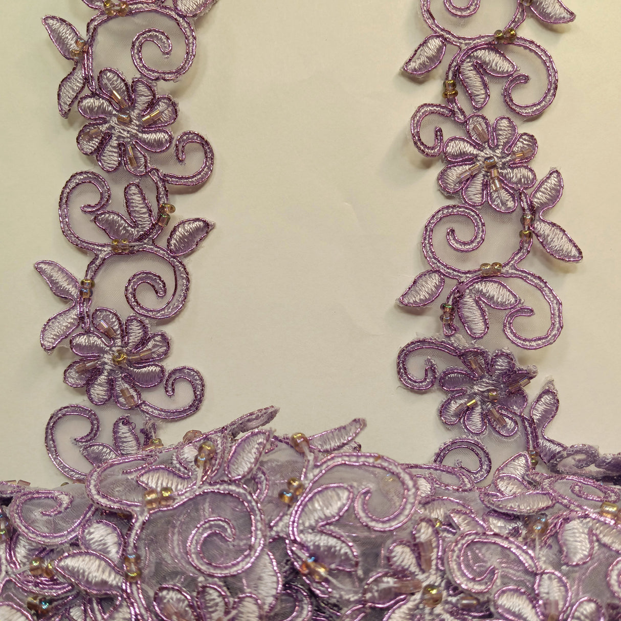 Beaded & Corded Lace Trimming Embroidered On 100% Polyester Fabric - Corded, Beaded & Embroidered Trimming, 1.5" Width (1 Yard)