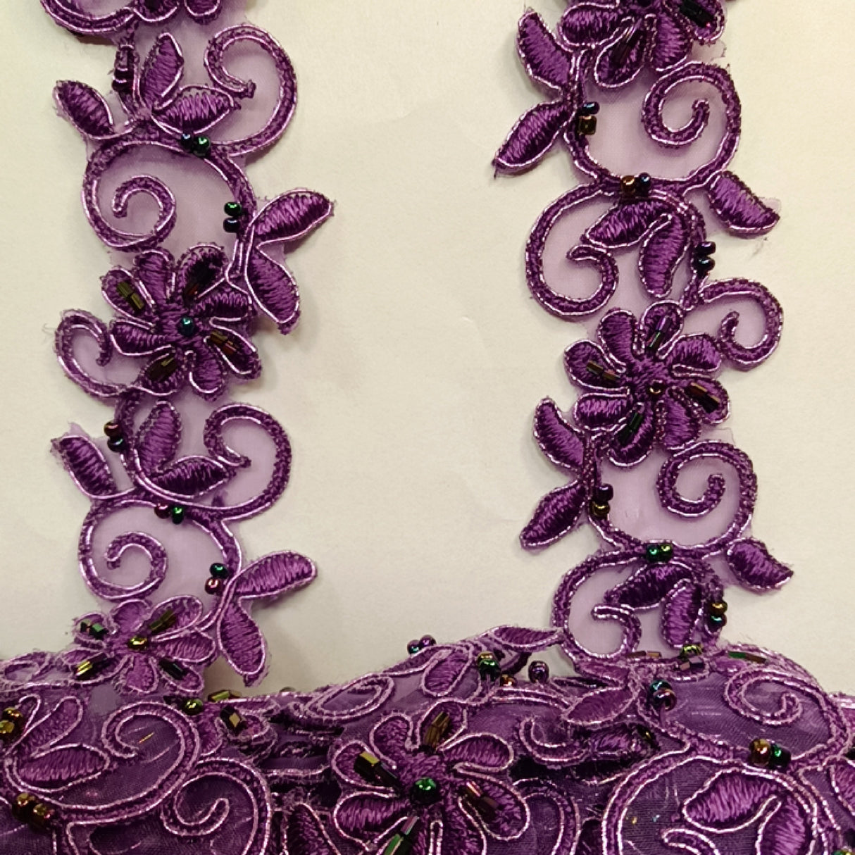 Beaded & Corded Lace Trimming Embroidered On 100% Polyester Fabric - Corded, Beaded & Embroidered Trimming, 1.5" Width (1 Yard)