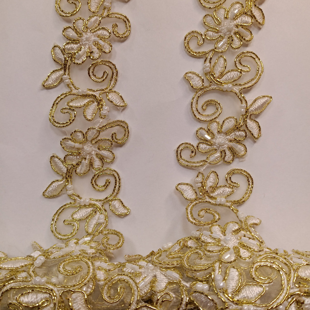 Beaded & Corded Lace Trimming Embroidered On 100% Polyester Fabric - Corded, Beaded & Embroidered Trimming, 1.5" Width (1 Yard)
