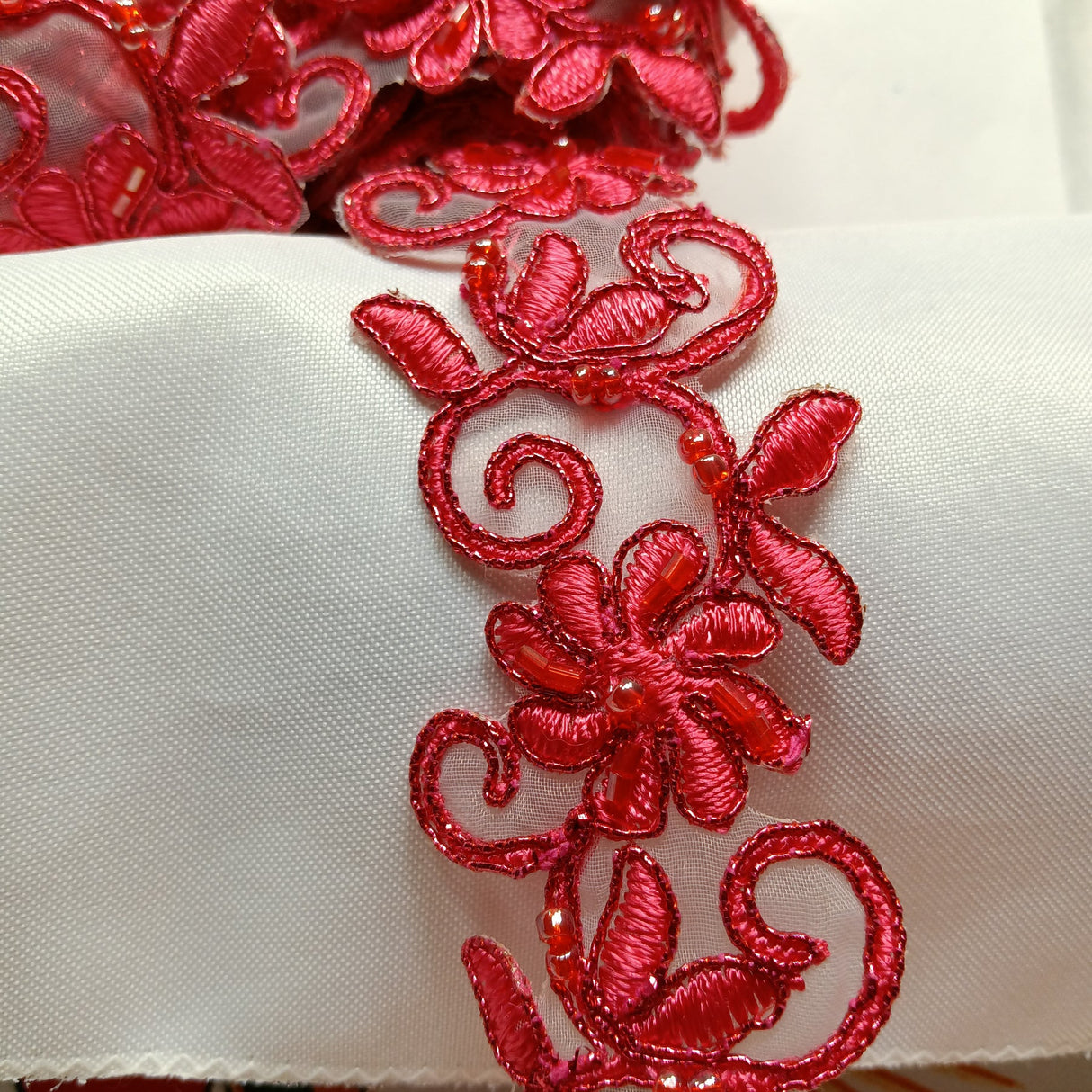 1 Yard Luxurious Beaded Corded Lace Trimming Embroidered Polyester Organza for Dresses 1.5 Inch Width