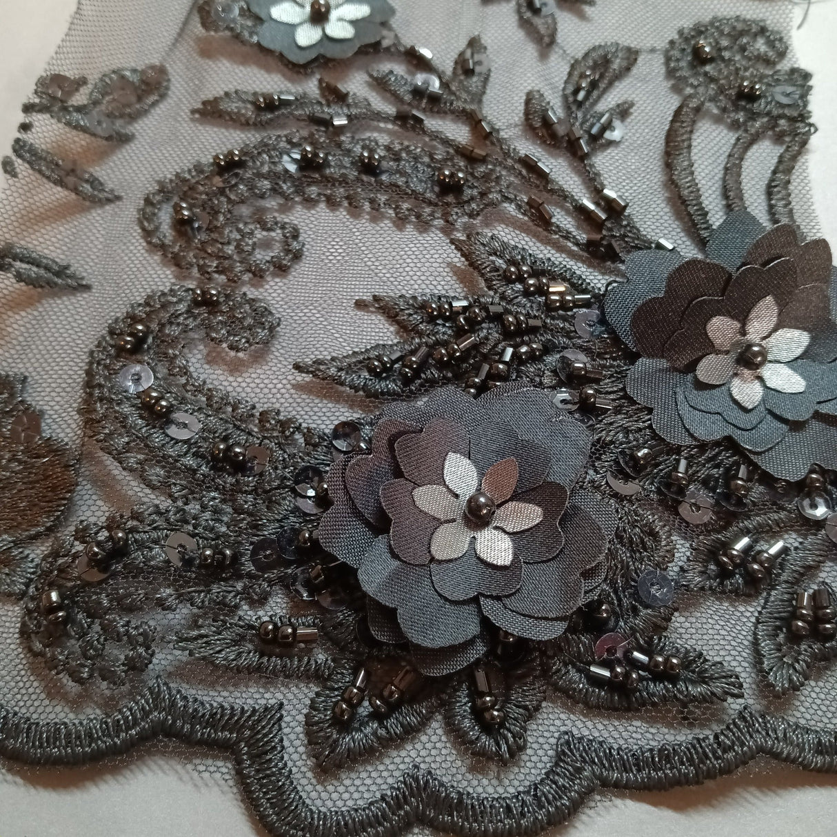 Beaded 3D Floral Lace Polyester Fabric - Black, Dusty Rose, Vanilla, 51" Width (1 Yard)
