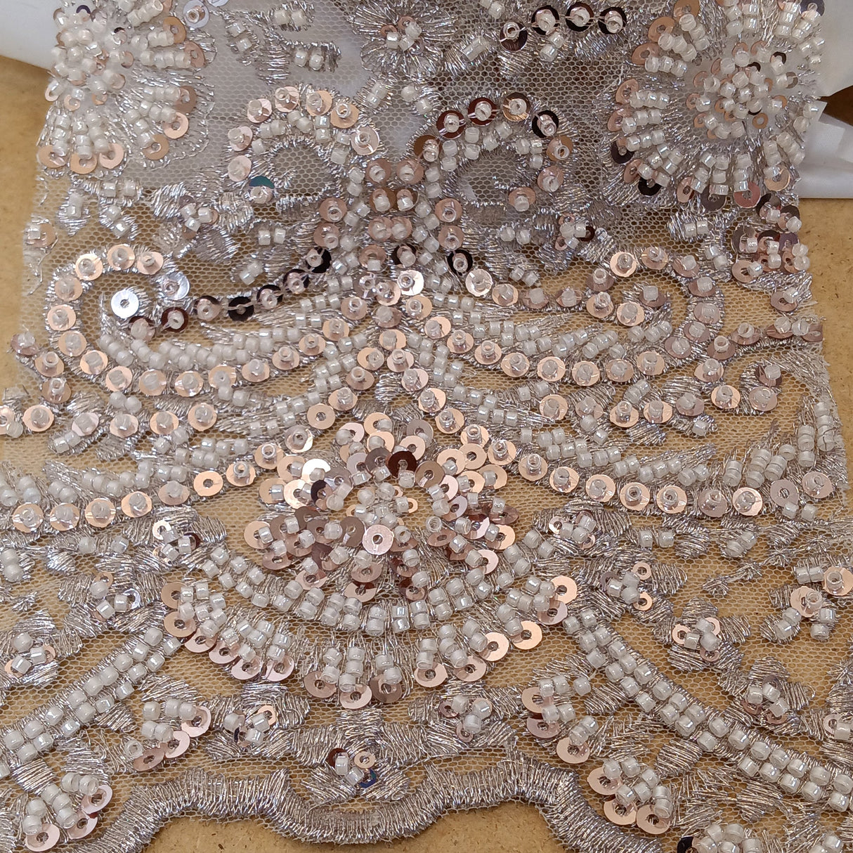 Beaded Lace Fabric on Polyester Net Mesh