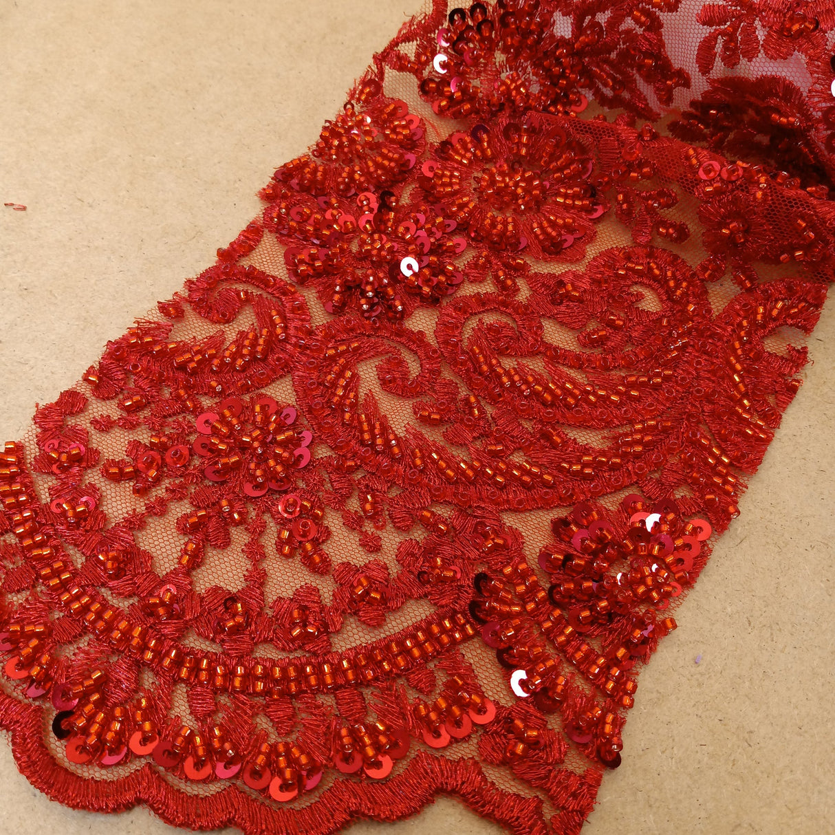 Beaded Lace Fabric Embroidered On 100 Percent Polyester Net Mesh - Red, Champagne, Blush, Coral, Peach, 50" Width (1 Yard)