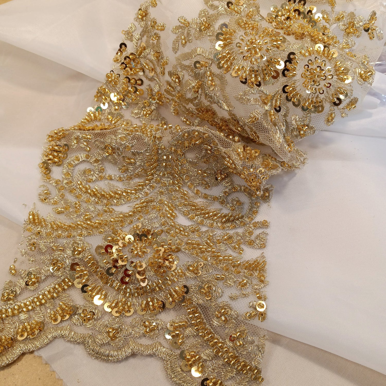 1 Yard Beaded Lace Fabric Embroidered 100 Percent Polyester Net Mesh 50 inch Width
