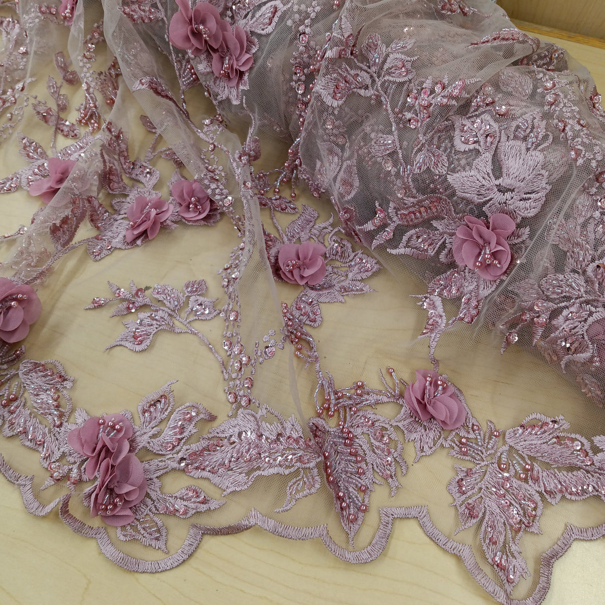 Beaded 3D Floral Lace Fabric 48" Wide