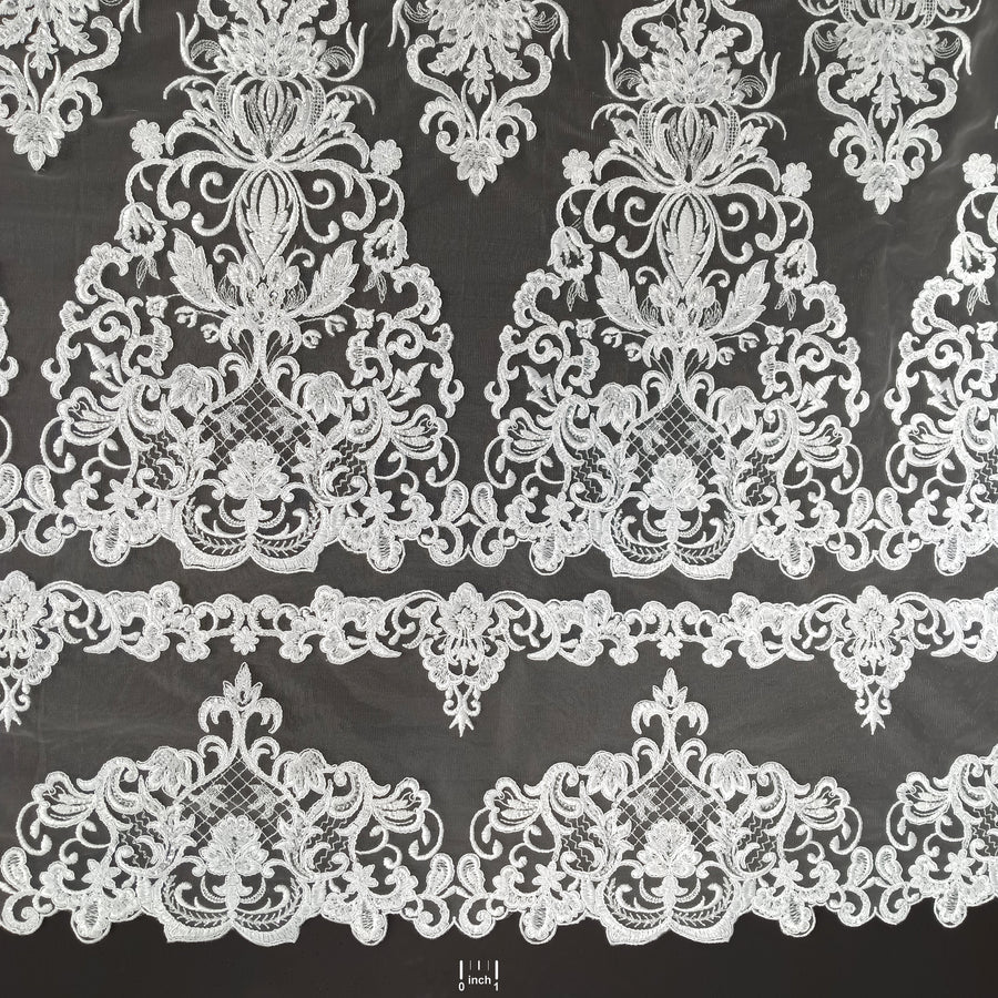 1 Yard Beaded and Corded Lace Fabric Embroidered on Polyester Net Mesh White and Ecru