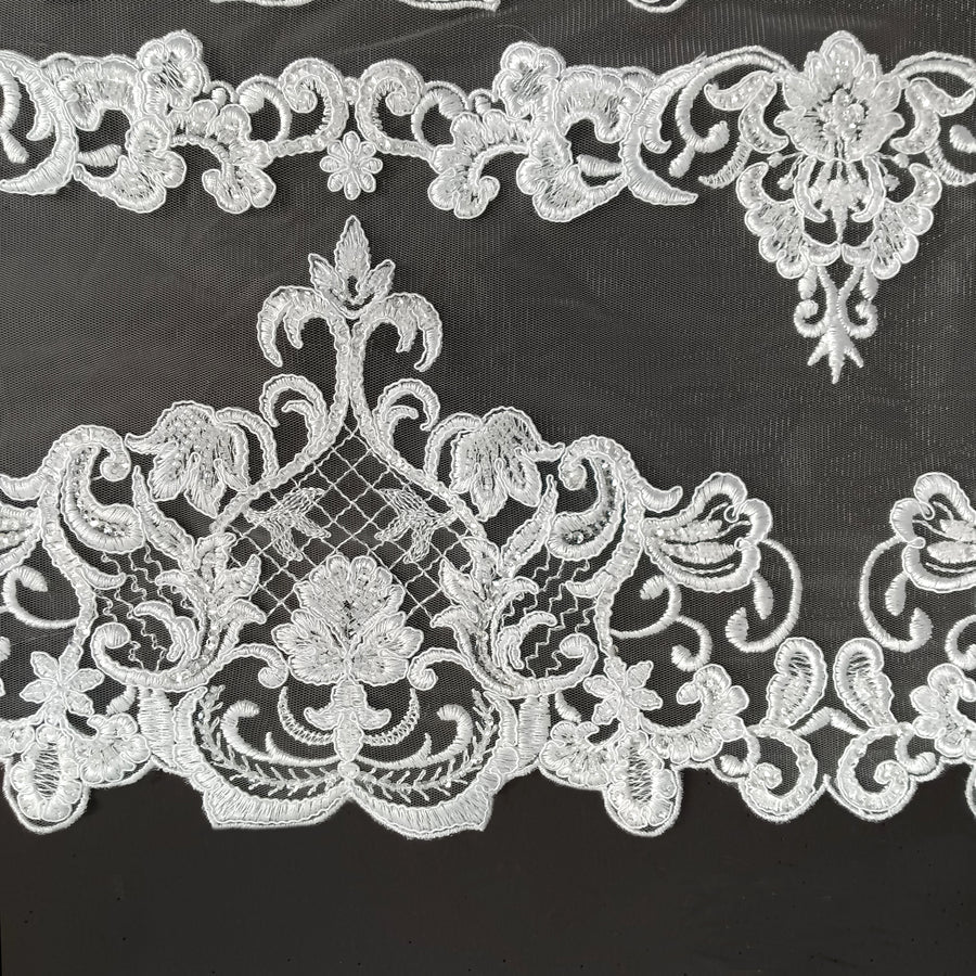 1 Yard Ivory Beaded and Corded Lace Fabric Embroidered on 100 Percent Polyester Net Mesh 51 Inch Width