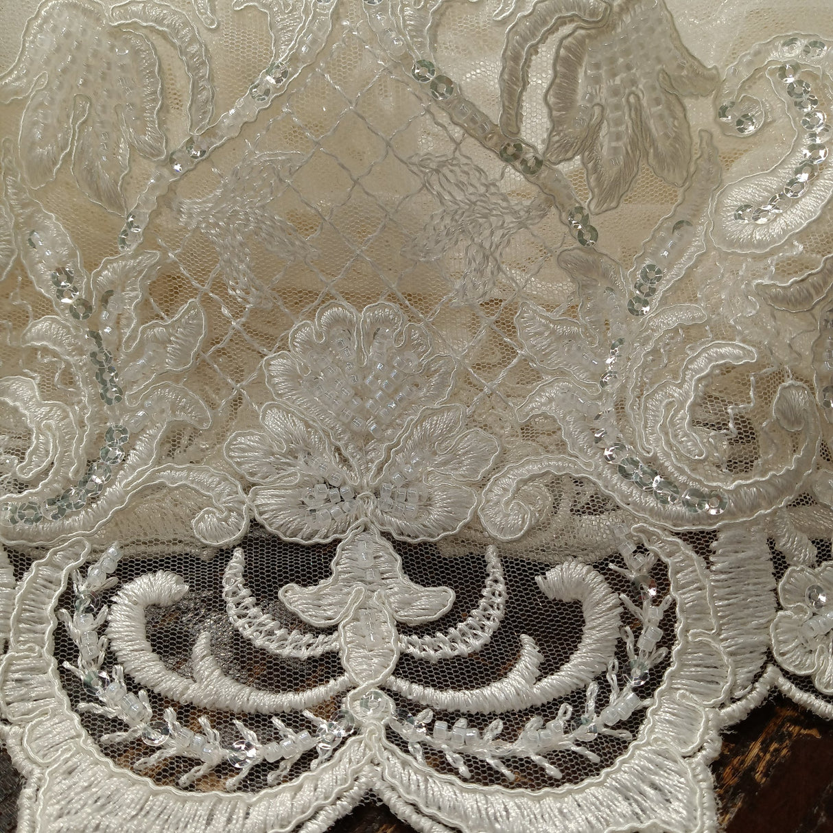 1 Yard Ivory Beaded & Corded Lace Fabric on 100% Polyester Mesh, 51" Wide Embroidered Net Lace for Apparel & Decor