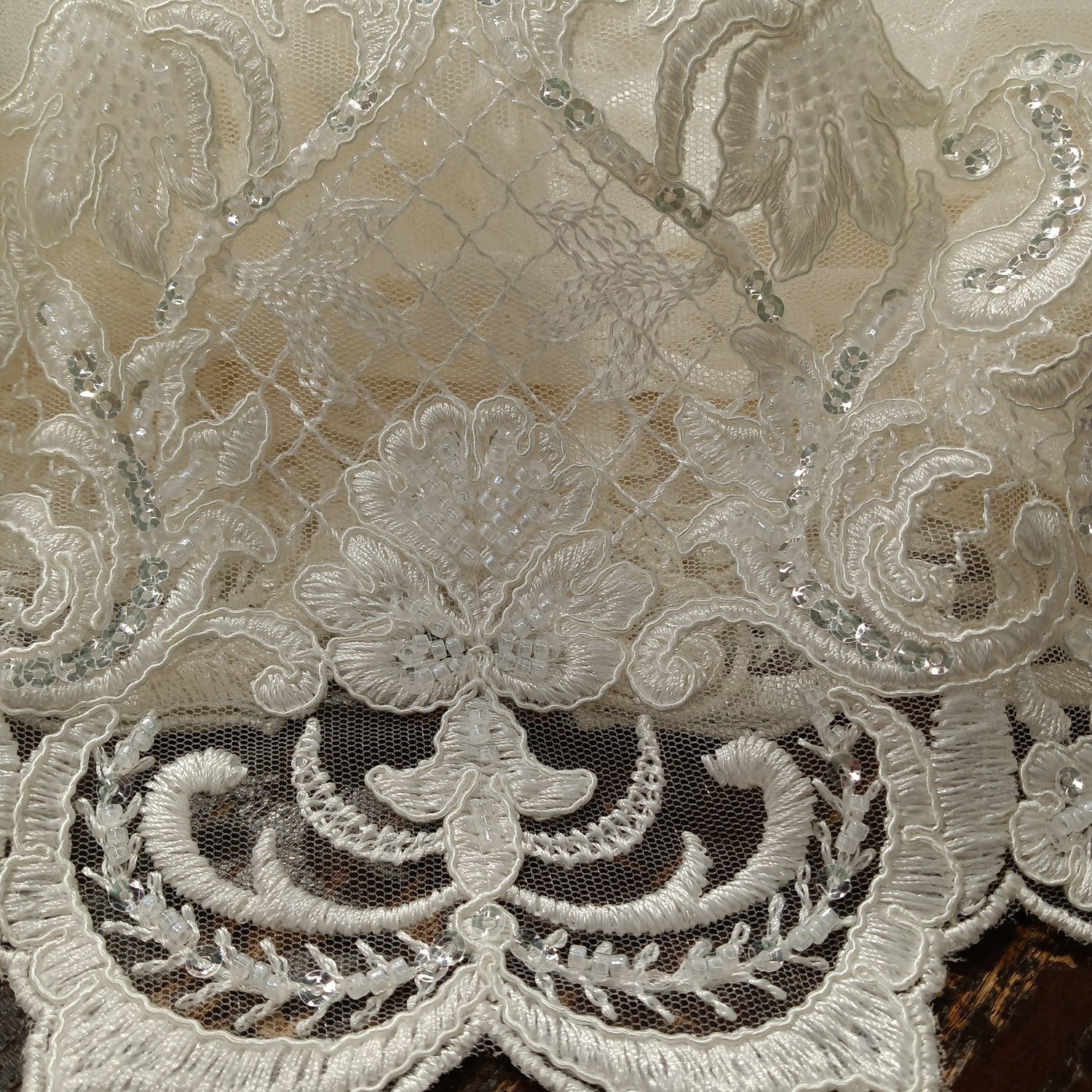 1 Yard Ivory Beaded & Corded Lace Fabric on 100% Polyester Mesh, 51" Wide Embroidered Net Lace for Apparel & Decor