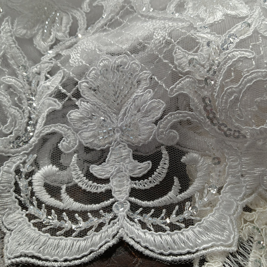 1 Yard Ivory Beaded and Corded Lace Fabric Embroidered on 100 Percent Polyester Net Mesh 51 Inch Width