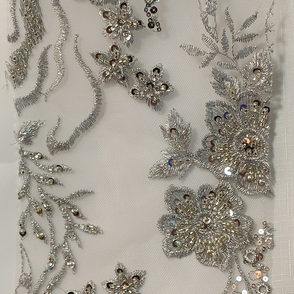 1 Yard Silver Beaded Lace Fabric Embroidered on Polyester Net Mesh for Couture Sewing 50 Inch Width