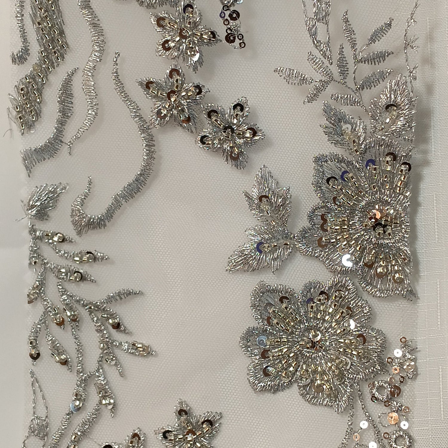 1 Yard Silver Beaded Lace Fabric Embroidered on Polyester Net Mesh for Couture Sewing 50 Inch Width