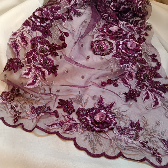 1 Yard Stunning Beaded 3D Floral Lace Fabric Embroidered on Polyester Net Mesh