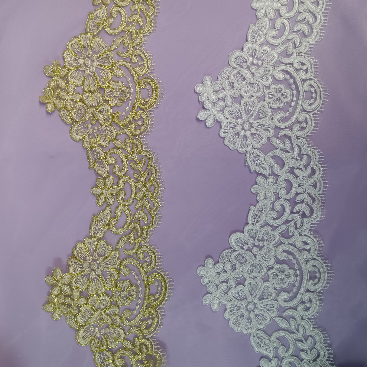 Corded Lace Trimming Embroidered On 100 Percent Polyester Net Mesh Fabric - Gold, Ivory With Silver, Ivory, Silver, White With Silver, White, 6" Width (1 Yard)