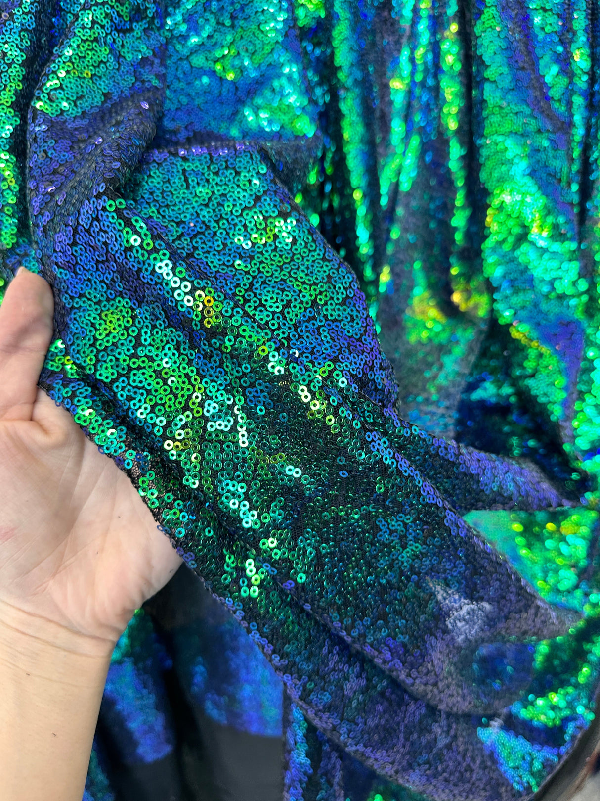 Stretch Sequin On Mesh Green Iridescent