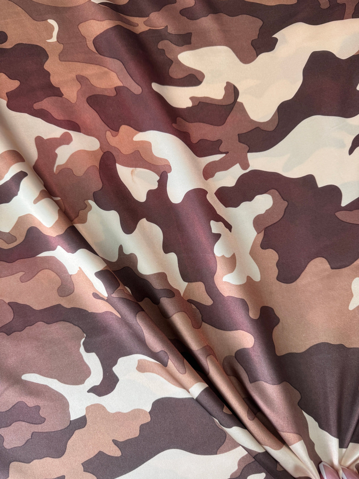 Stretch Satin Khaki Camouflage Army Print