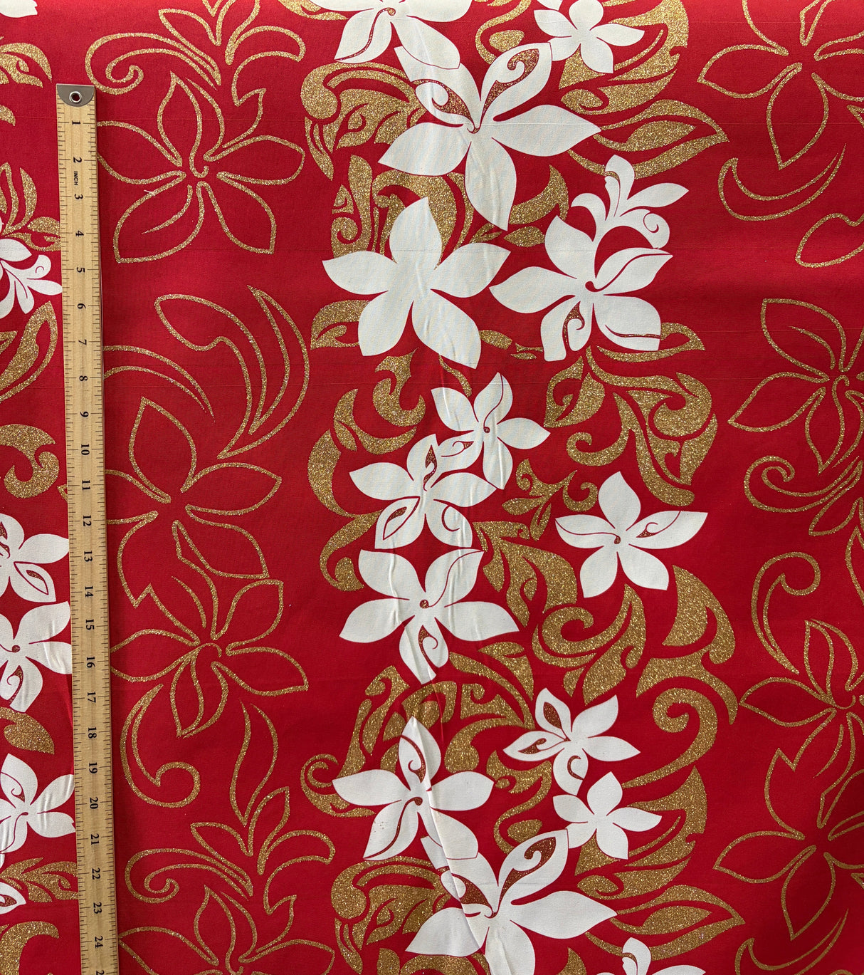 Tiare Garden Glitter Polyester Fabric - Various Color Background, White And Glitter Gold Floral Plumeria Design, 60" Width (1 Yard)