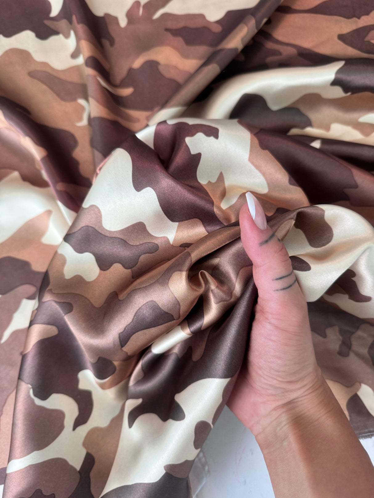 Stretch Satin Khaki Camouflage Army Print