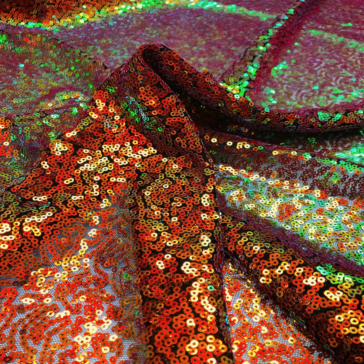 Iridescent All Over Sequins Polyester Fabric - Orange Iridescent, Black Mesh, 60" Width (1 Yard)