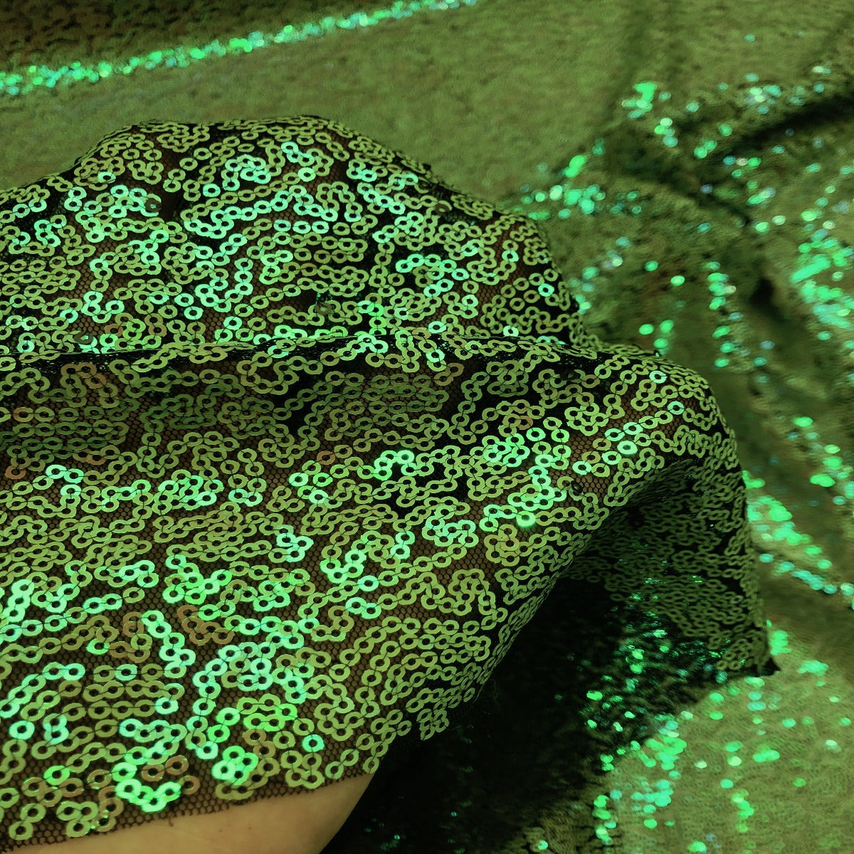 Iridescent All Over Sequins Polyester Fabric - Orange Iridescent, Black Mesh, 60" Width (1 Yard)