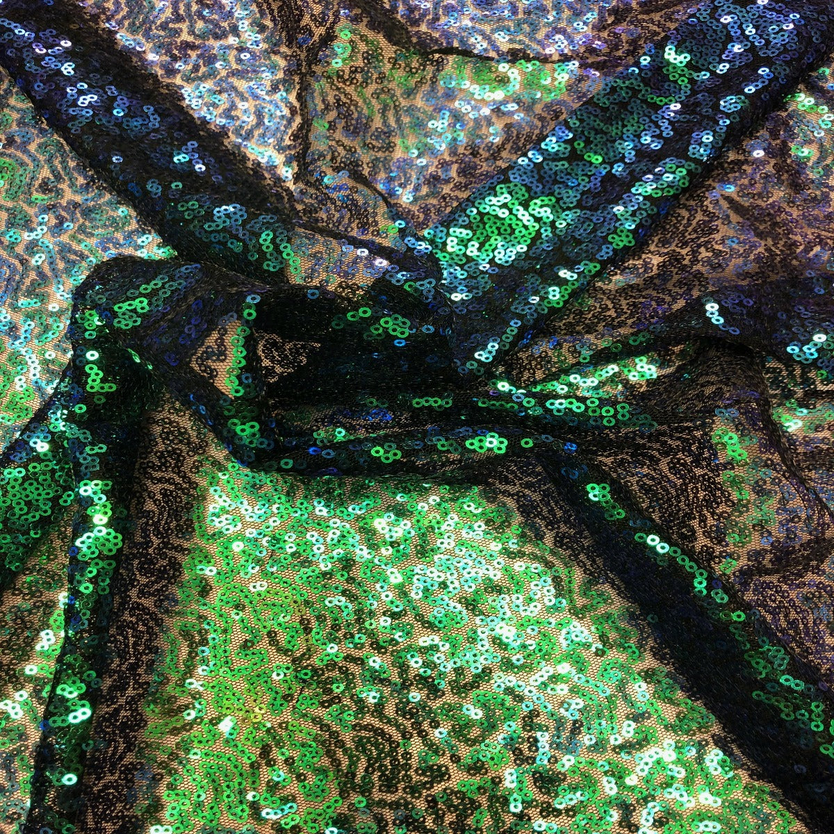 Iridescent All Over Sequins Polyester Fabric - Orange Iridescent, Black Mesh, 60" Width (1 Yard)