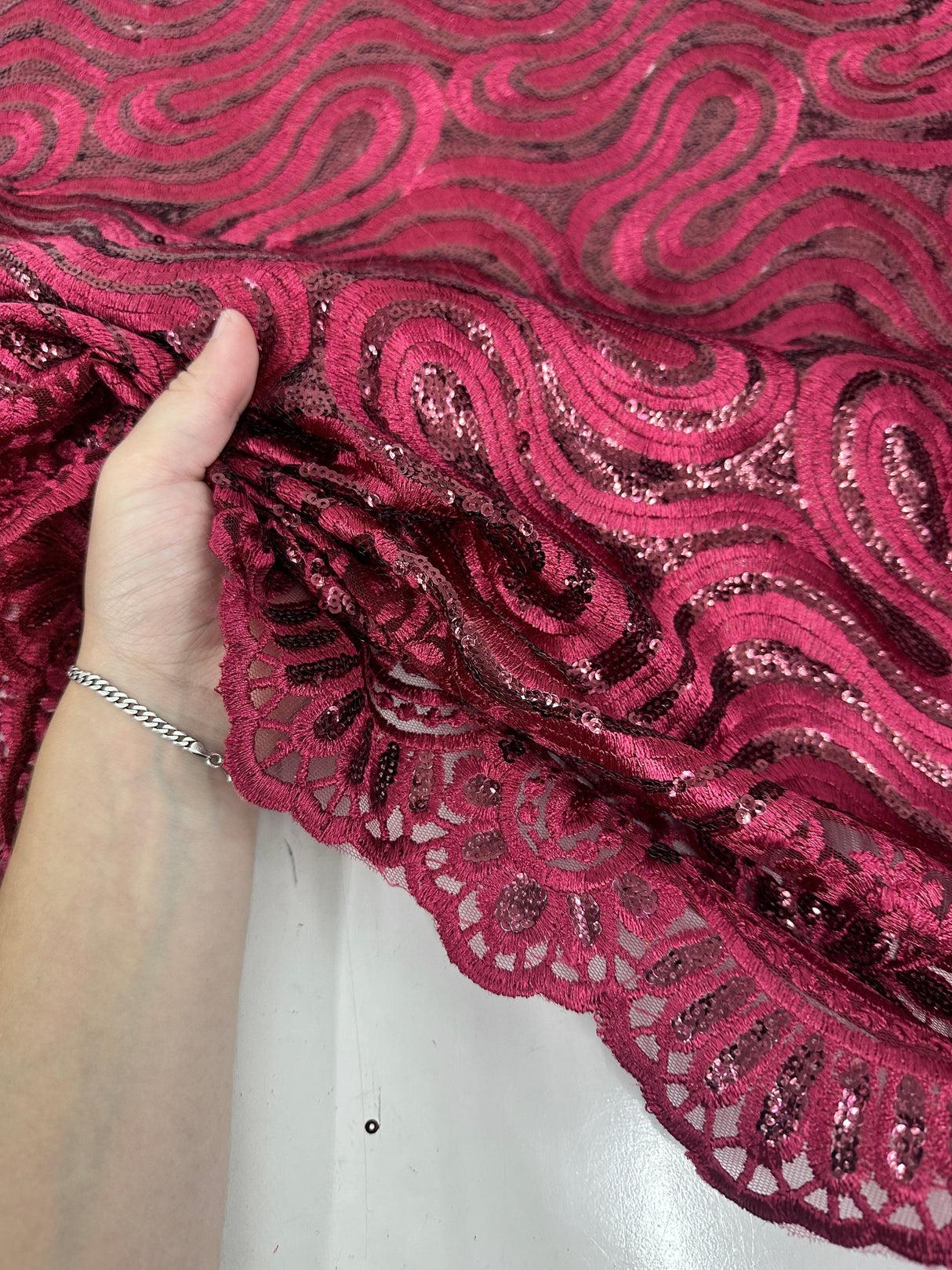 Embroidered Sequin Lace in Red Wine