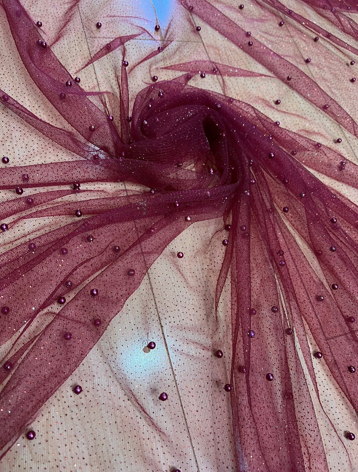 Pearl Beaded Burgundy Tulle Mesh