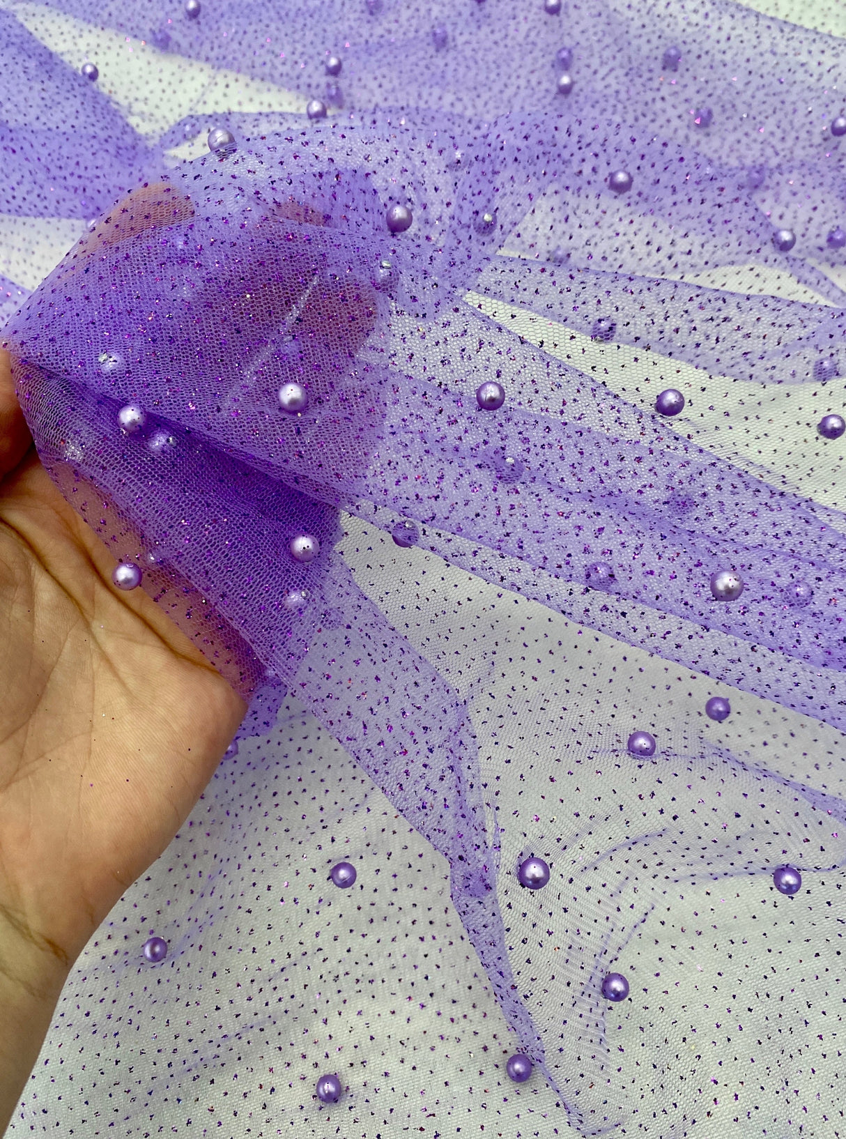 Stretch Pearl Beaded Tulle Lavender