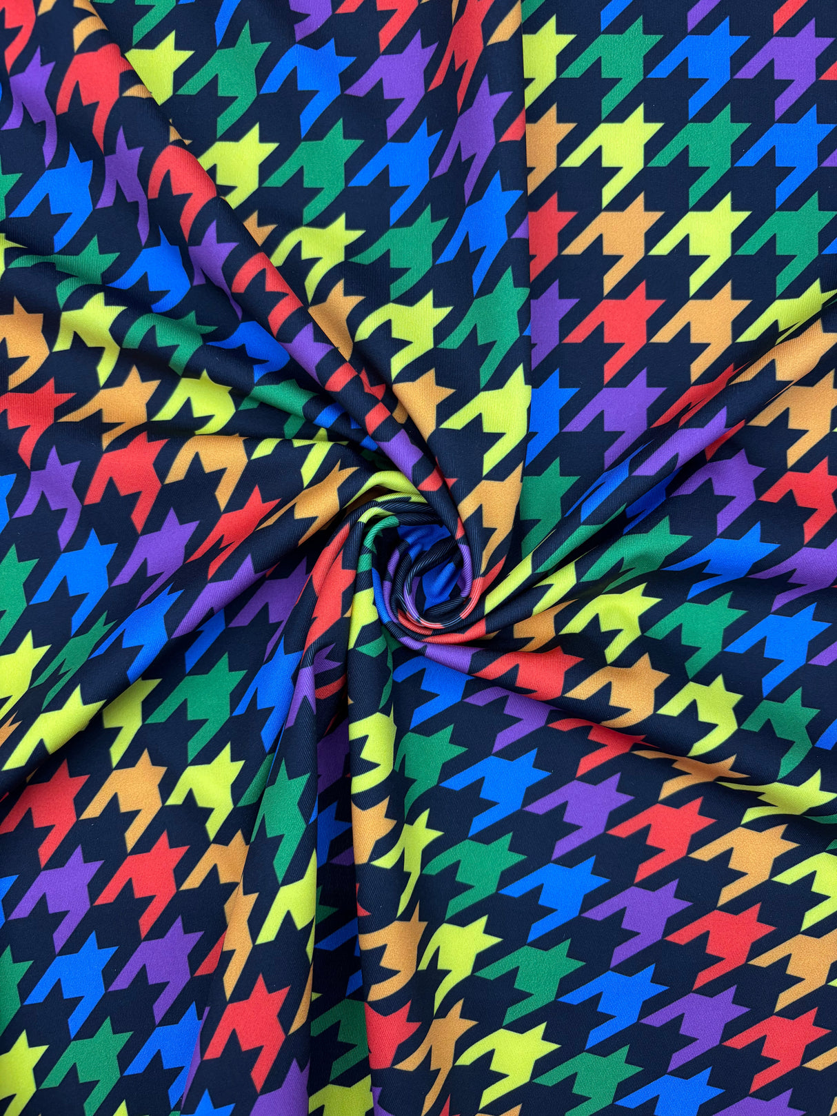 Rainbow Houndstooth Print Polyester Spandex Fabric - White/Black Houndstooth Print, 58"/60" Width (1 Yard)