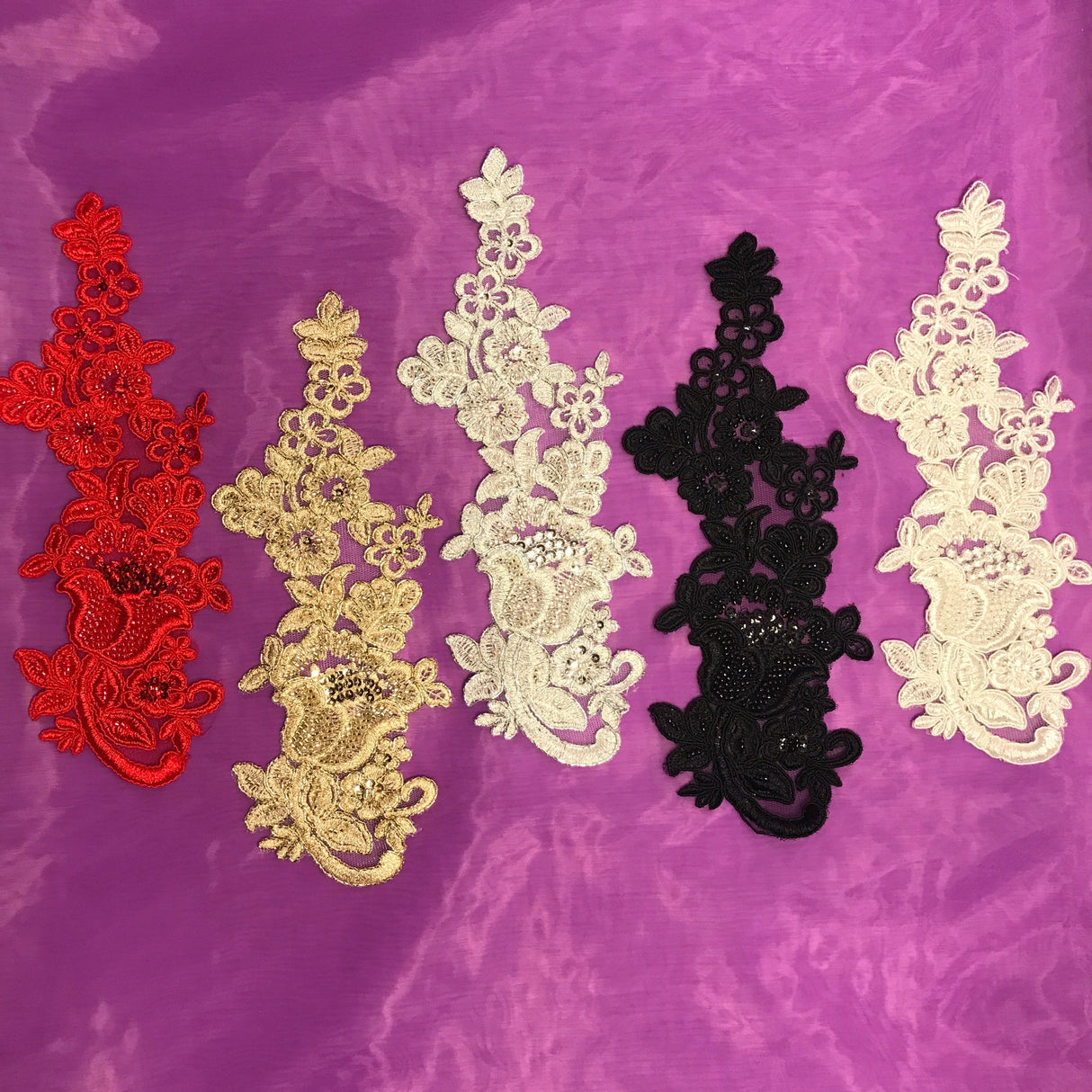 Beaded Corded Floral Lace Applique 100% Polyester Net Mesh 10" x 3.5"