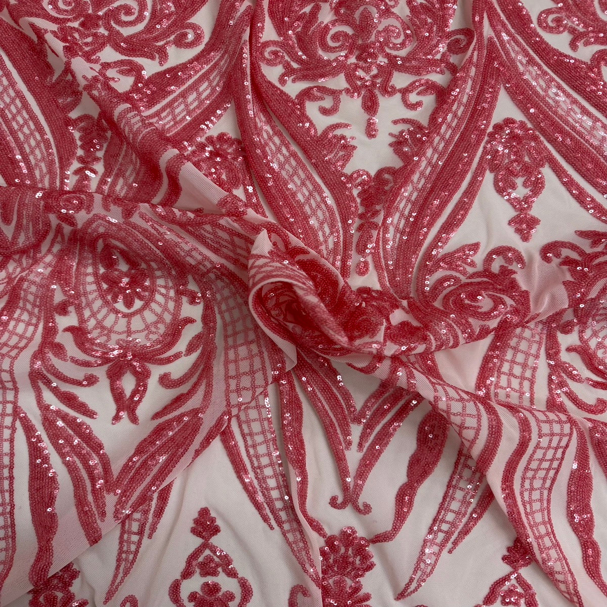 Catina Damask Stretch Sequins Nylon Spandex Mesh Fabric - Iridescent Sequin Damask, 60" Width, 52" Sequin Width (1 Yard)