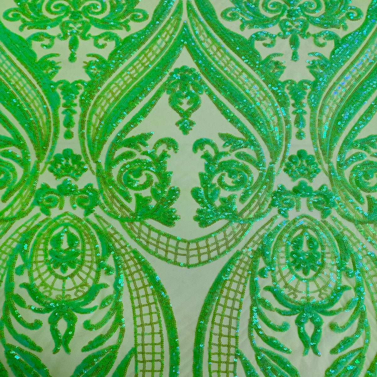 Catina Damask Stretch Sequins Nylon Spandex Mesh Fabric - Iridescent Sequin Damask, 60" Width, 52" Sequin Width (1 Yard)