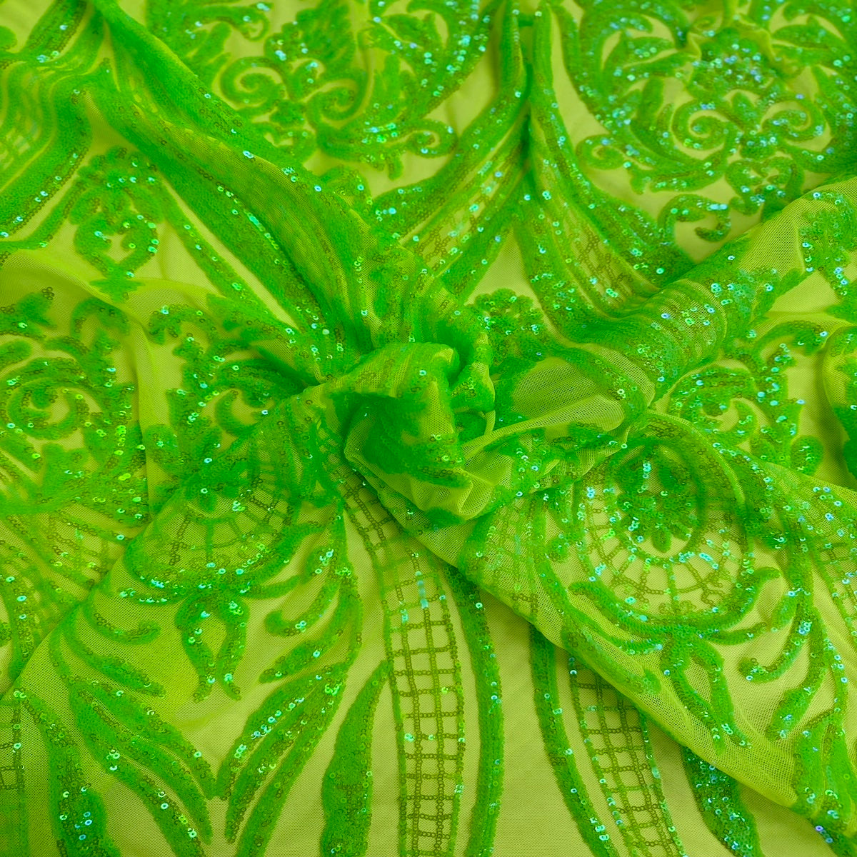 Catina Damask Stretch Sequins Nylon Spandex Mesh Fabric - Iridescent Sequin Damask, 60" Width, 52" Sequin Width (1 Yard)