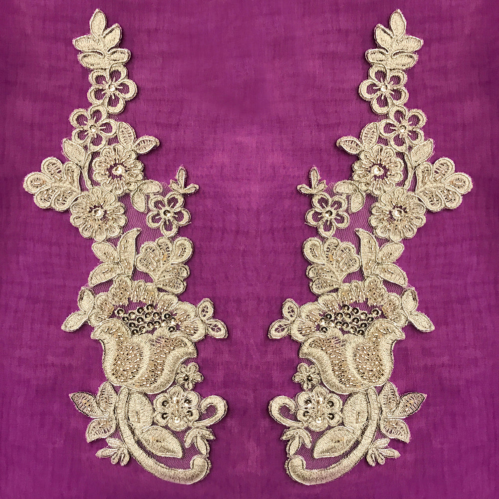 Beaded Corded Floral Lace Applique 100% Polyester Net Mesh 10" x 3.5"