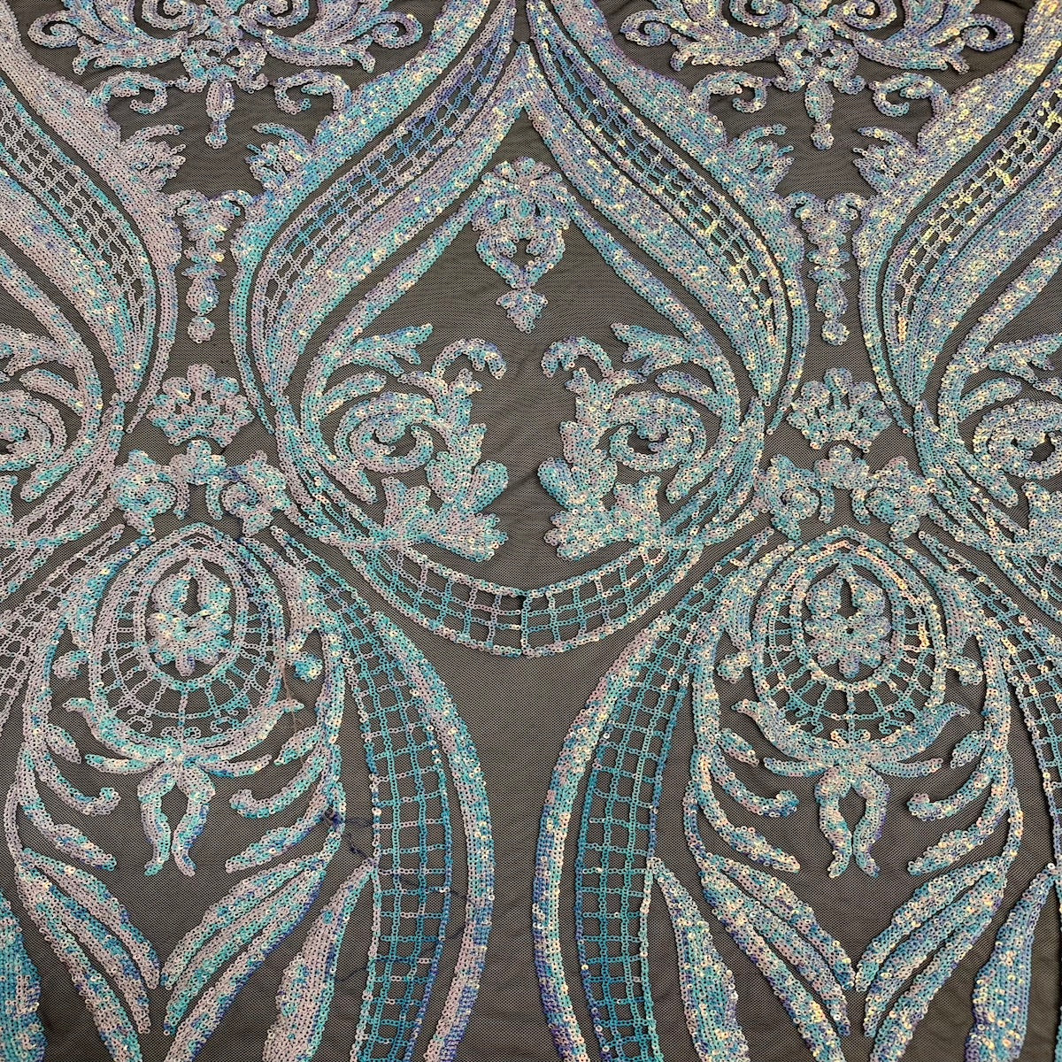 Catina Damask Stretch Sequins Nylon Spandex Mesh Fabric - Iridescent Sequin Damask, 60" Width, 52" Sequin Width (1 Yard)