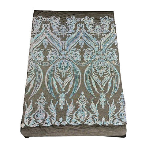 Catina Damask Stretch Sequins Nylon Spandex Mesh Fabric - Iridescent Sequin Damask, 60" Width, 52" Sequin Width (1 Yard)