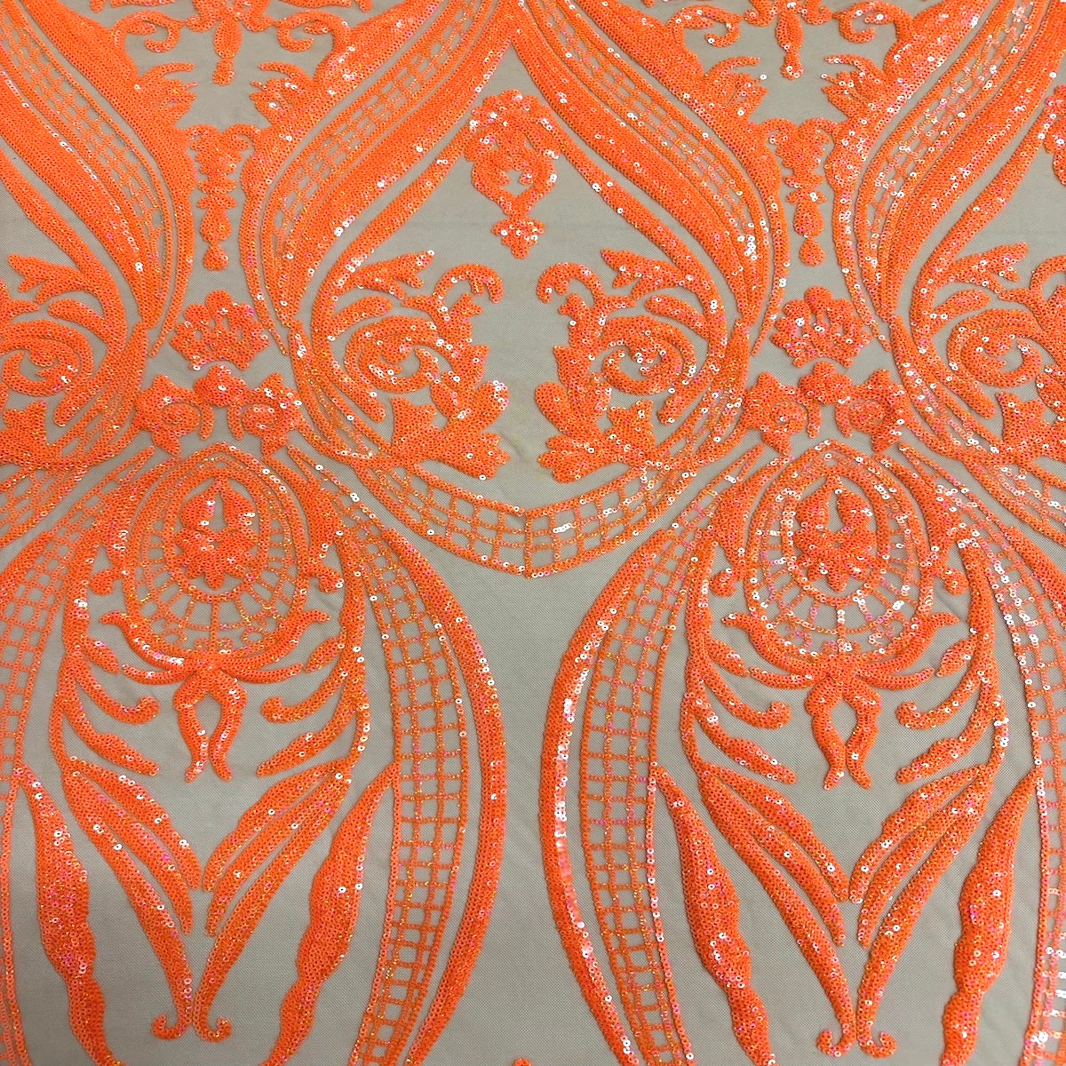 Catina Damask Stretch Sequins Nylon Spandex Mesh Fabric - Iridescent Sequin Damask, 60" Width, 52" Sequin Width (1 Yard)