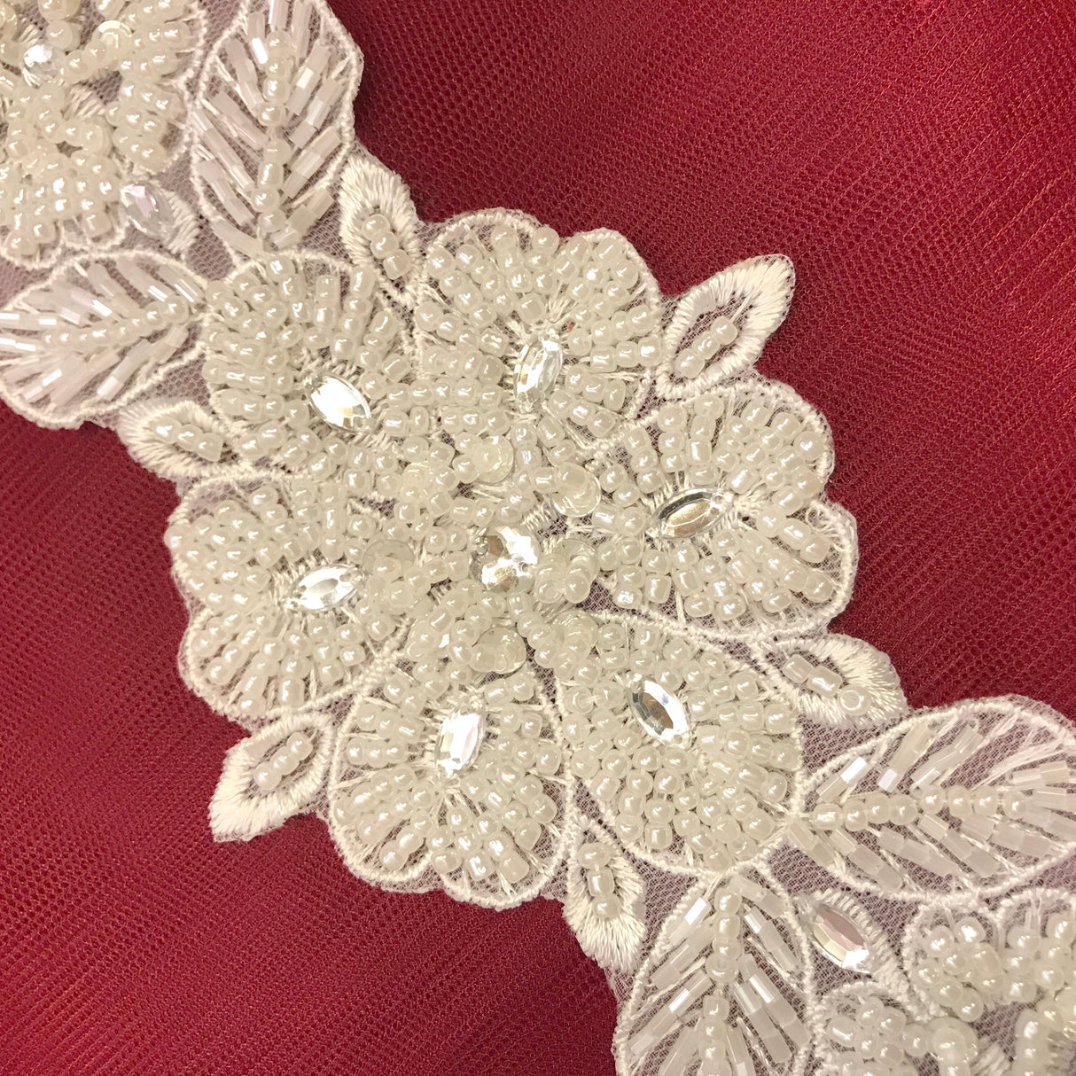 Beaded Lace Applique Pearl Rhinestone 12.5" x 3"