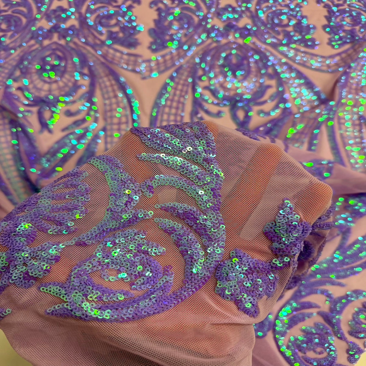 Catina Damask Stretch Sequins Nylon Spandex Mesh Fabric - Iridescent Sequin Damask, 60" Width, 52" Sequin Width (1 Yard)