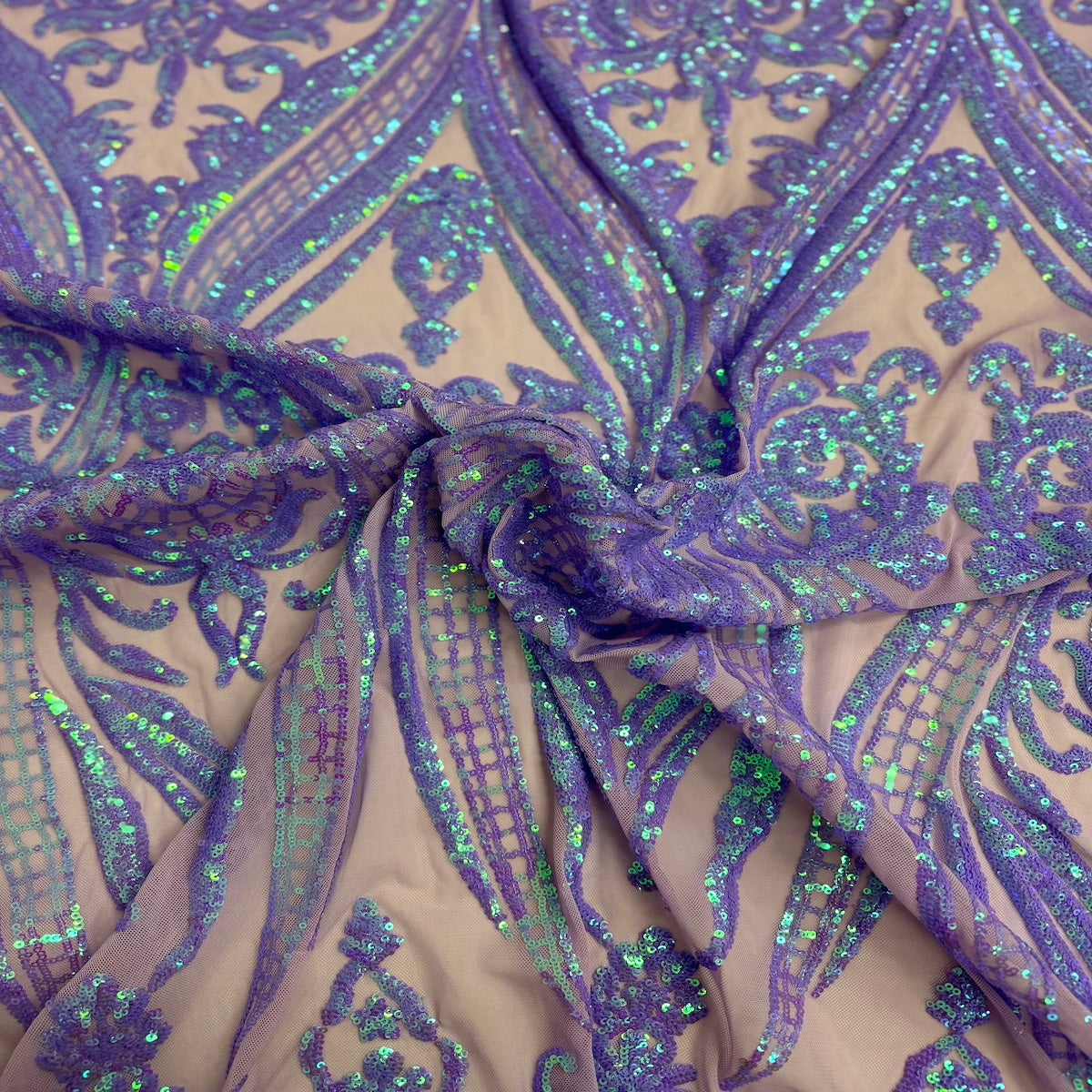 Catina Damask Stretch Sequins Nylon Spandex Mesh Fabric - Iridescent Sequin Damask, 60" Width, 52" Sequin Width (1 Yard)