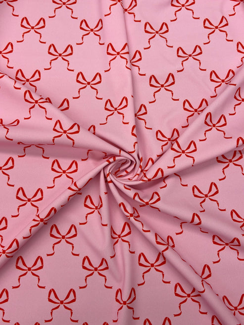 1 Yard Pink Bow Print Spandex Fabric Four Way Stretch for Swimwear and Costumes 58"/60" Width
